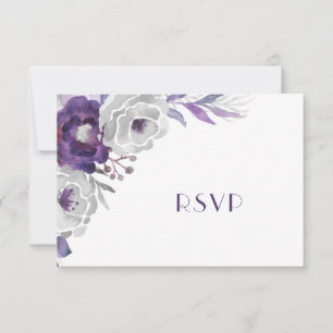 Purple Silver Floral entree + guests invited RSVP Card