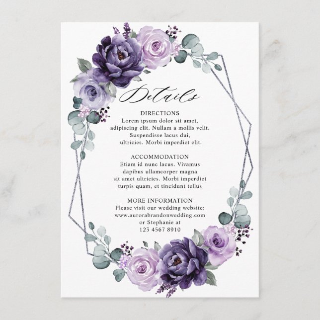 Purple Silver Floral Geometric Wedding Details  Enclosure Card (Front)