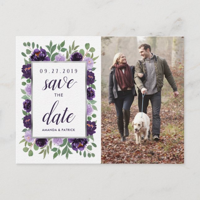 Purple Silver Floral Green Wedding Save the Date Announcement Postcard (Front)