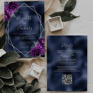 Purple Silver Floral Navy Foil QR Code Wedding Invitation
