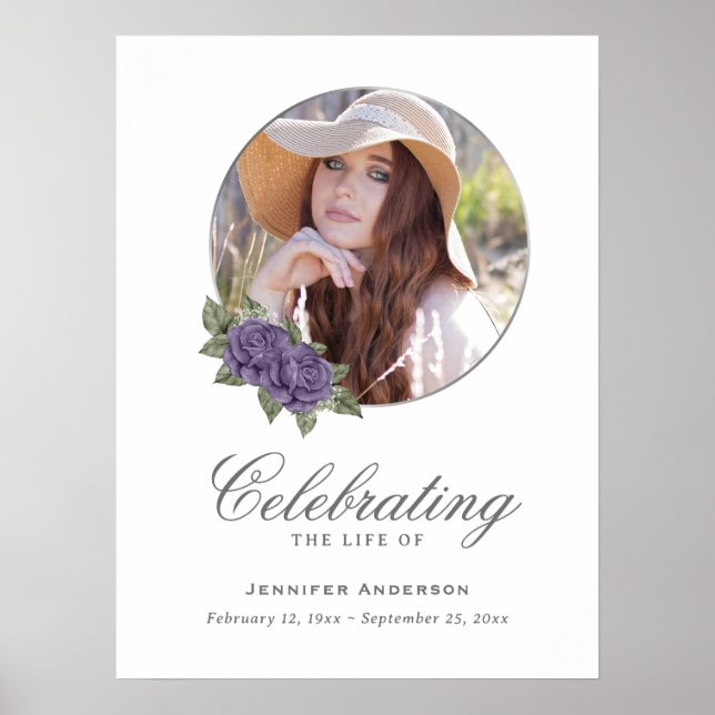 Purple Silver Floral Photo Memorial Funeral Sign (Front)