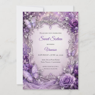 Purple Silver Floral Princess Sweet 16 Invitation
