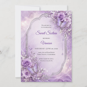 Purple Silver Floral Princess Sweet 16 Invitation