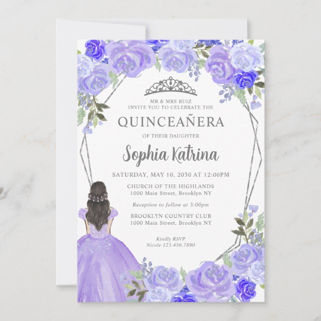 Purple Silver Floral Princess Tiara Quinceañera In Invitation (Front)