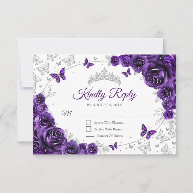 Purple Silver Floral Quinceanera Reply RSVP Card (Front)
