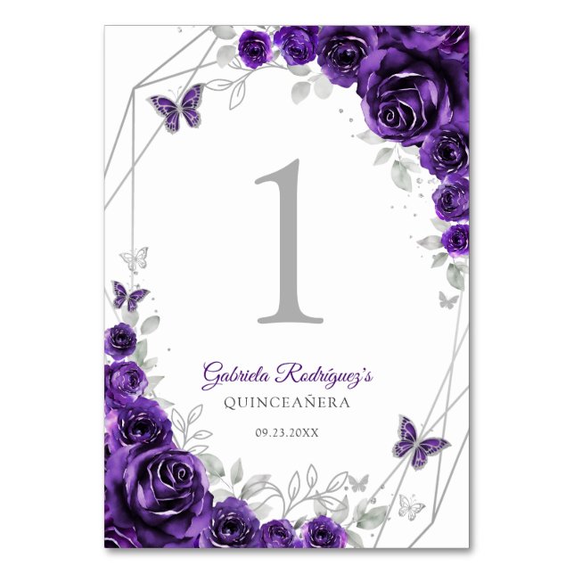 Purple Silver Floral Quinceanera Table Number (Front)