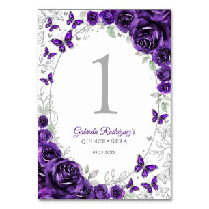 Purple Silver Floral Quinceanera Table Number