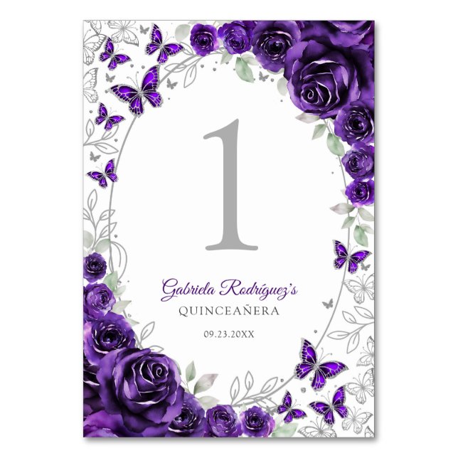 Purple Silver Floral Quinceanera Table Number (Front)