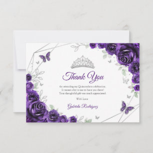 Purple Silver Floral Quinceanera Thank You Card