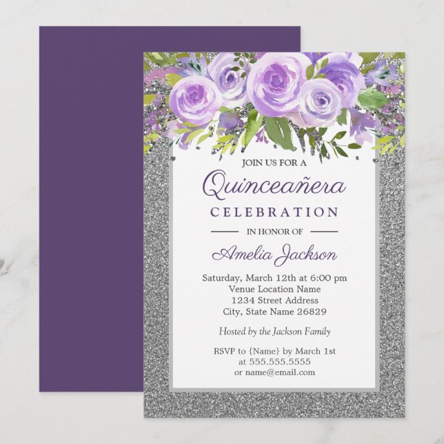 Purple Silver Floral Rose Quinceanera Invitation (Front/Back)