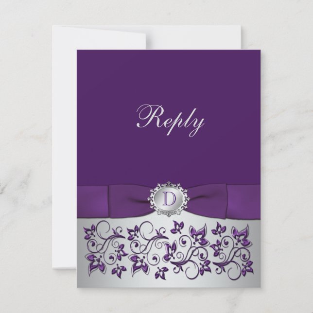 Purple, Silver Floral Scroll Wedding Reply Card (Front)