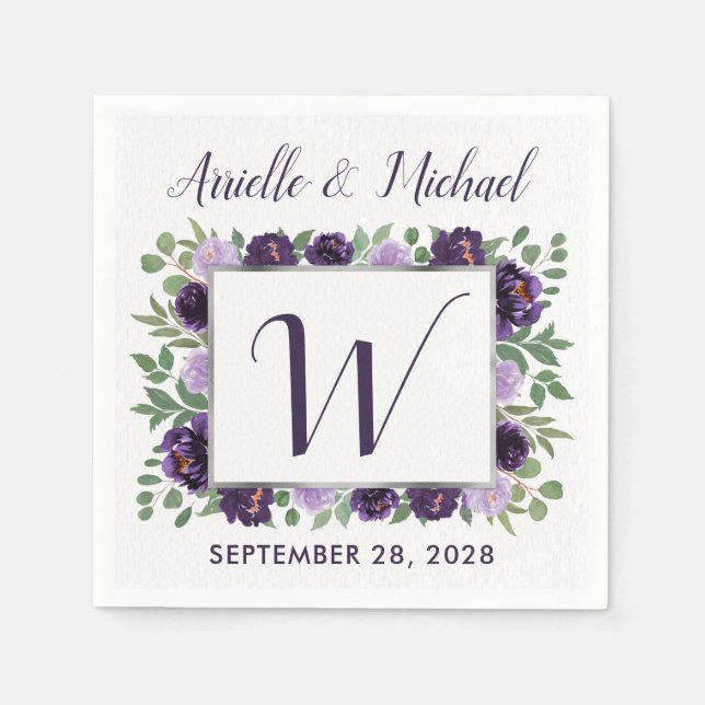 Purple Silver Floral Watercolor Eucalyptus Wedding Napkin (Front)
