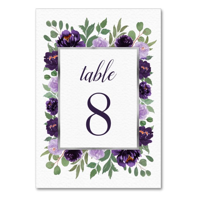 Purple Silver Floral Watercolor Eucalyptus Wedding Table Number (Front)