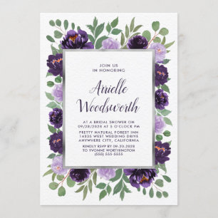 Purple Silver Floral Watercolor Plum Bridal Shower Invitation