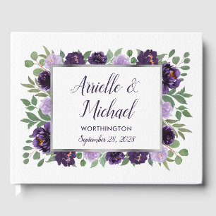 Purple Silver Floral Watercolor Wedding Guest Book