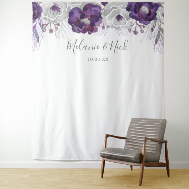 Purple Silver Floral wedding photo backdrop Tapestry (In Situ)