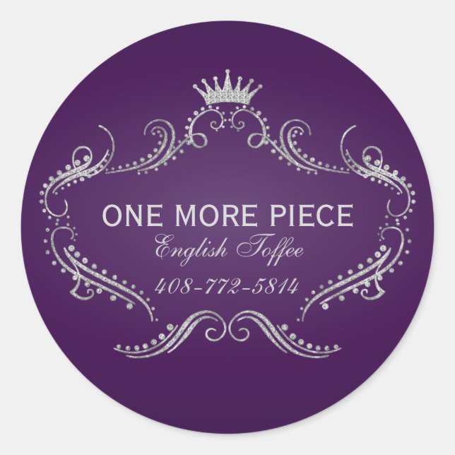 Purple & Silver Frame & Crown Glitter Texture Classic Round Sticker (Front)
