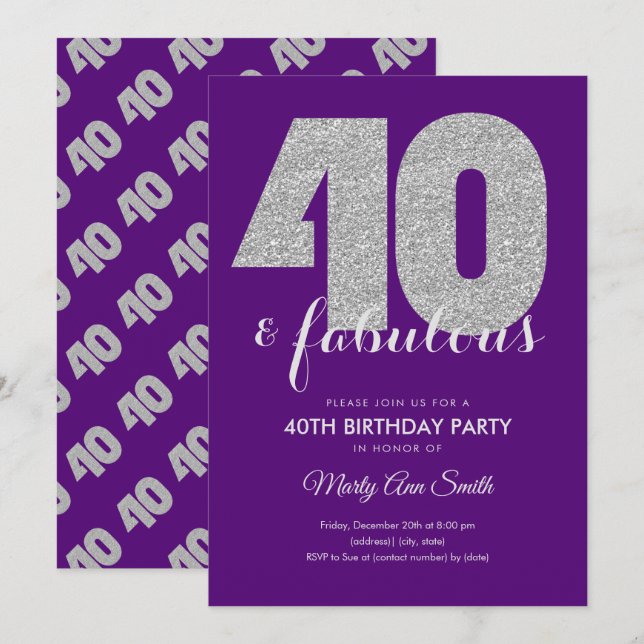 Purple Silver Glitter 40 & Fabulous Birthday Party Invitation (Front/Back)
