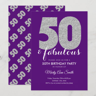 Purple Silver Glitter 50 & Fabulous Birthday Party Invitation