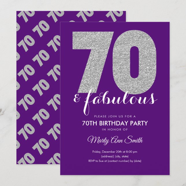 Purple Silver Glitter 70 & Fabulous Birthday Party Invitation (Front/Back)