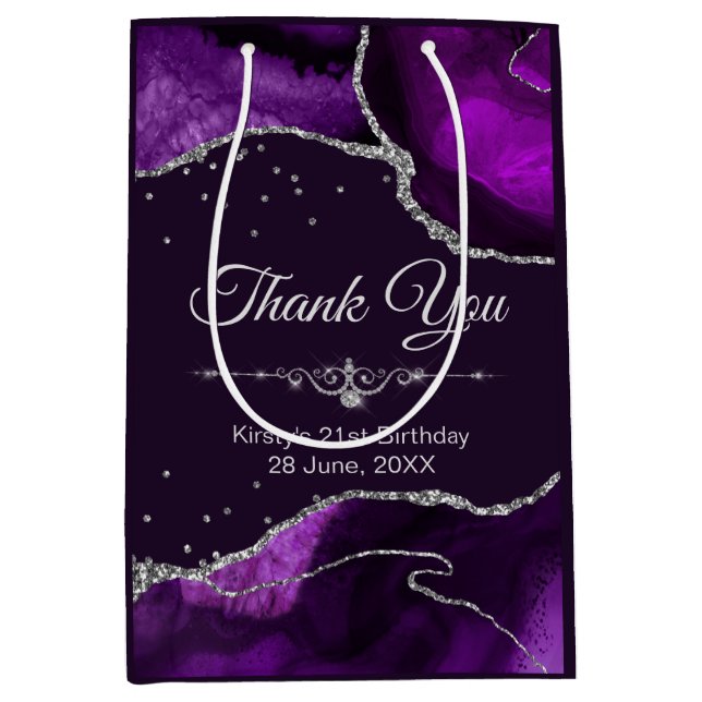 Purple & Silver Glitter Agate Birthday Thank You Medium Gift Bag (Front)