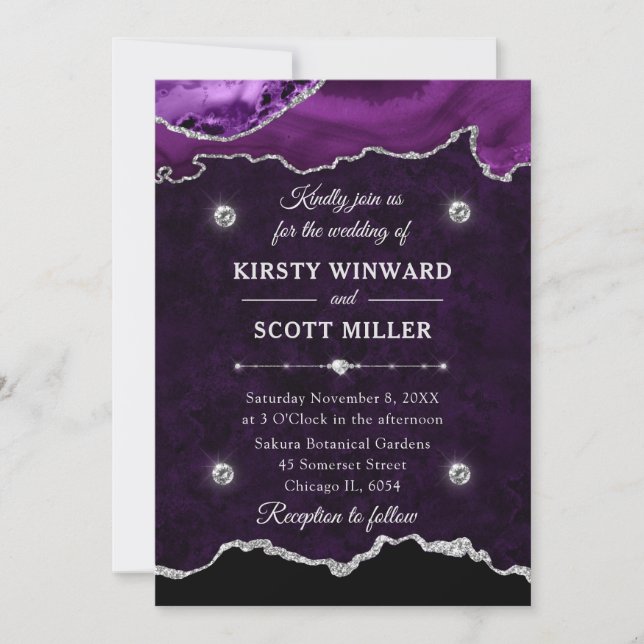 Purple Silver Glitter Agate Marble Wedding Invitation (Front)