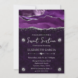 Purple & Silver  Glitter Agate Sweet 16 Invitation
