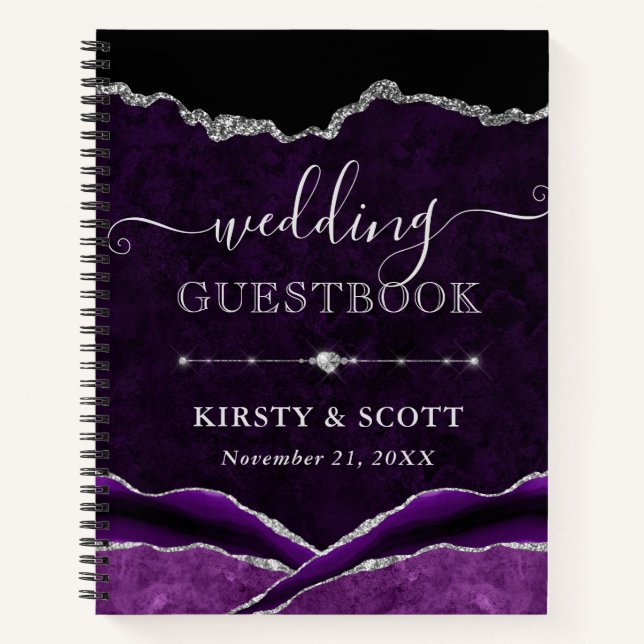 Purple & Silver Glitter Agate Wedding Guest Book (Front)