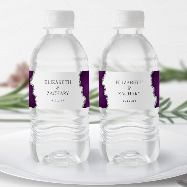 Purple Silver Glitter Agate Wedding Water Bottle Label (Creator Uploaded)