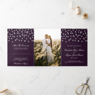 Purple Silver Glitter Confetti Photo Wedding Tri-Fold Programme
