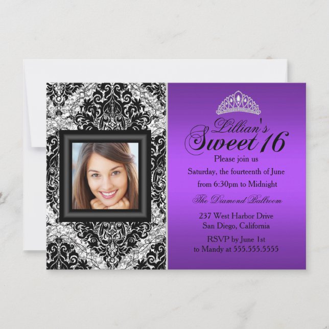 Purple Silver Glitter Damask Photo Sweet 16 Invitation (Front)