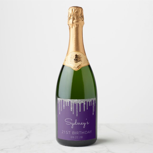 Purple Silver Glitter Drip 40th Birthday Party Sparkling Wine Label (Front)