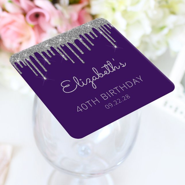 Purple Silver Glitter Drip 40th Birthday Party Square Paper Coaster (Creator Uploaded)