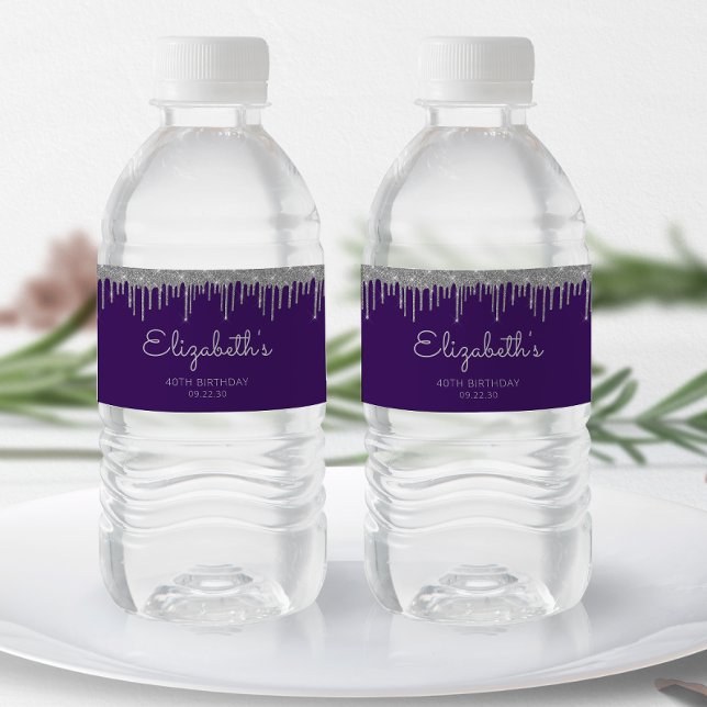 Purple Silver Glitter Drip 40th Birthday Party Water Bottle Label (Creator Uploaded)