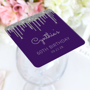 Purple Silver Glitter Drip 60th Birthday Party Square Paper Coaster