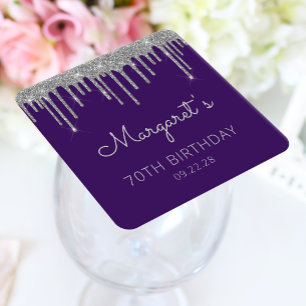 Purple Silver Glitter Drip 70th Birthday Party Square Paper Coaster