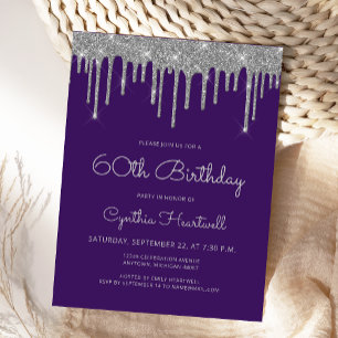 Purple Silver Glitter Drips 60th Birthday Party Postcard
