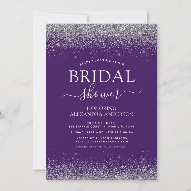 Purple Silver Glitter Girly Bridal Shower Invitation (Front)