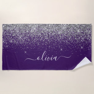 Purple Silver Glitter Girly Glam Monogram  Beach Towel