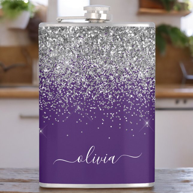 Purple Silver Glitter Girly Glam Monogram  Hip Flask (Creator Uploaded)
