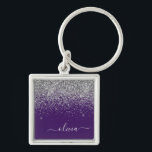 Purple Silver Glitter Girly Glam Monogram  Keychain<br><div class="desc">Silver and Purple Sparkle Glitter Script Monogram Name Keychains (Key Chain). This makes the perfect sweet 16 birthday,  wedding,  bridal shower,  anniversary,  baby shower or bachelorette party gift for someone that loves glam luxury and chic styles.</div>
