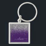 Purple Silver Glitter Girly Glam Monogram  Keychain<br><div class="desc">Silver and Purple Sparkle Glitter Script Monogram Name Keychains (Key Chain). This makes the perfect sweet 16 birthday,  wedding,  bridal shower,  anniversary,  baby shower or bachelorette party gift for someone that loves glam luxury and chic styles.</div>