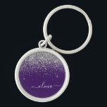 Purple Silver Glitter Girly Glam Monogram  Keychain<br><div class="desc">Silver and Purple Sparkle Glitter Script Monogram Name Keychains (Key Chain). This makes the perfect sweet 16 birthday,  wedding,  bridal shower,  anniversary,  baby shower or bachelorette party gift for someone that loves glam luxury and chic styles.</div>
