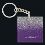 Purple Silver Glitter Girly Glam Monogram  Keychain<br><div class="desc">Purple and Silver Faux Foil Sparkle Glitter Script Monogram Name Keychain. This makes the perfect sweet 16 birthday,  wedding,  bridal shower,  anniversary,  baby shower or bachelorette party gift for someone that loves glam luxury and chic styles.</div>