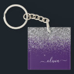 Purple Silver Glitter Girly Glam Monogram  Keychain<br><div class="desc">Purple and Silver Faux Foil Sparkle Glitter Script Monogram Name Keychain. This makes the perfect sweet 16 birthday,  wedding,  bridal shower,  anniversary,  baby shower or bachelorette party gift for someone that loves glam luxury and chic styles.</div>