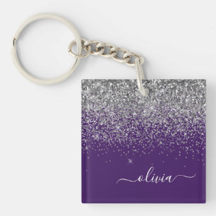 Purple Silver Glitter Girly Glam Monogram  Keychain