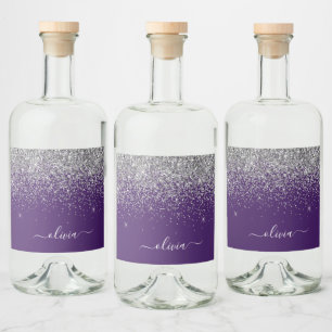 Purple Silver Glitter Girly Glam Monogram  Liquor Bottle Label