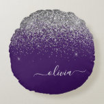 Purple Silver Glitter Girly Glam Monogram  Round Pillow<br><div class="desc">Purple and Silver Sparkle Glitter Script Monogram Name Pouf Pillow. The pillow makes the perfect sweet 16 birthday,  wedding,  bridal shower,  baby shower or bachelorette party gift for someone decorating her room in rose gold.</div>