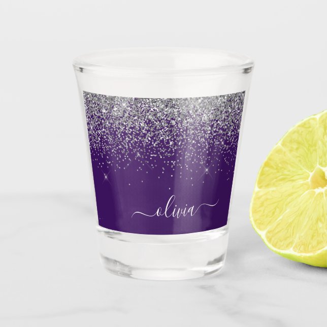Purple Silver Glitter Girly Glam Monogram  Shot Glass (Front)