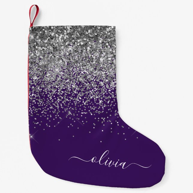 Purple Silver Glitter Girly Glam Monogram  Small Christmas Stocking (Front)
